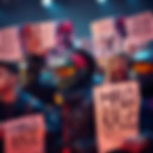 A group of passionate Halo fans showing their frustration at a gaming event, with posters and signs reflecting their discontent.
