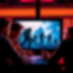 A team of developers discussing plans for a new Halo game, featuring a concept art of Halo characters and environments on a screen.