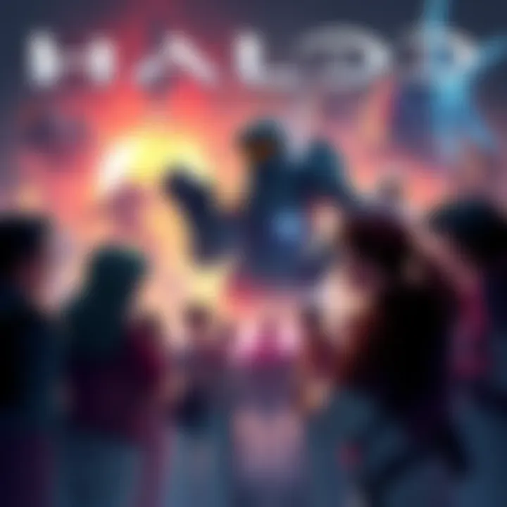 A group of Halo fans discussing changes in the storyline with a backdrop of iconic game art.