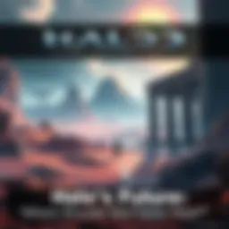 Halo Game Concept Art Concept art showing futuristic alien landscapes with ancient ruins and a mysterious alien race, reflecting potential story themes for the next Halo game.