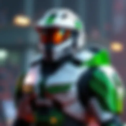 A character in Halo Infinite wearing a white and green armor coating, showcasing the unique design and colors.