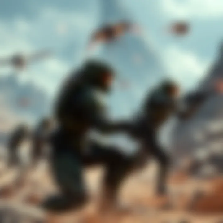A scene from Halo Infinite showing a character in armor battling enemies in a futuristic landscape.