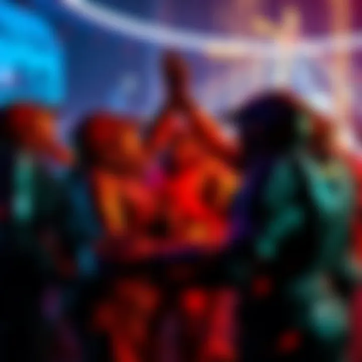 Halo Infinite players celebrating A group of gamers celebrating together in a virtual setting, wearing helmets and armor inspired by Halo Infinite, surrounded by colorful lights and game visuals.