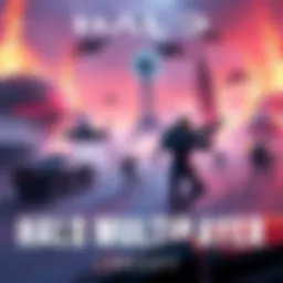 A vibrant concept art showcasing a futuristic battlefield with Halo characters, vehicles, and weapons, emphasizing multiplayer combat and customization features.