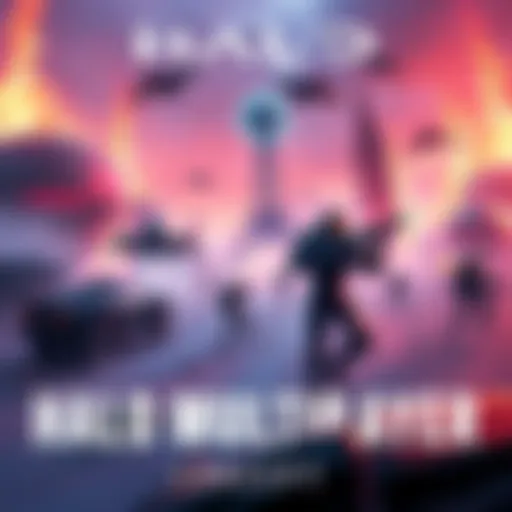 A vibrant concept art showcasing a futuristic battlefield with Halo characters, vehicles, and weapons, emphasizing multiplayer combat and customization features.