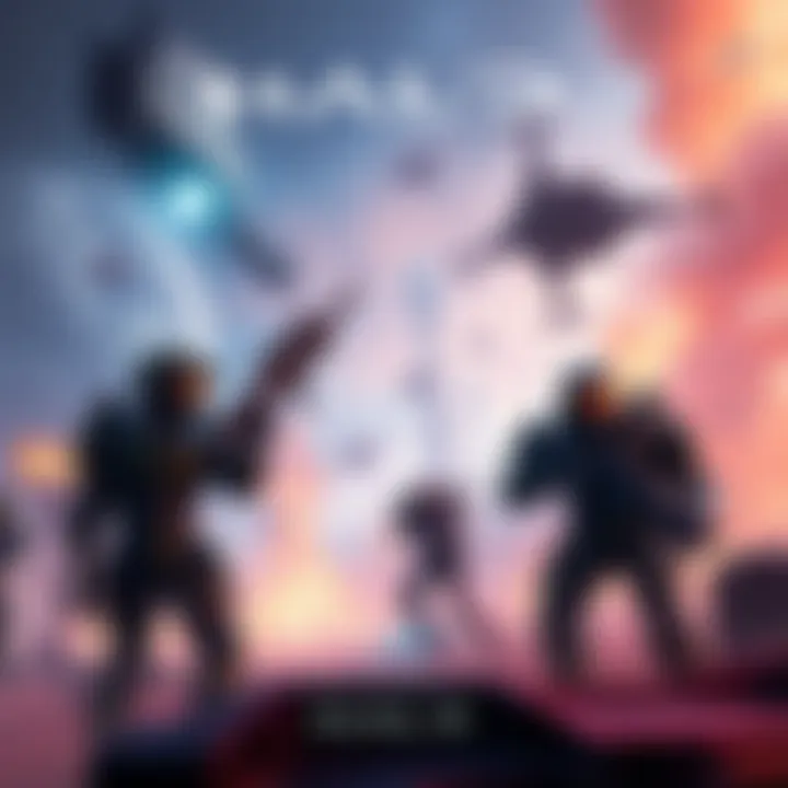Concept art depicting characters in futuristic armor within a vibrant battlefield, showcasing various weapons and vehicles.