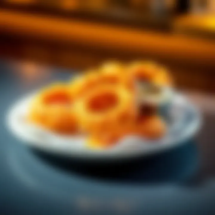 HALO Onion Ring on a Plate A plate of HALO Onion Rings, showcasing their crispy texture and golden color, garnished with dipping sauce.