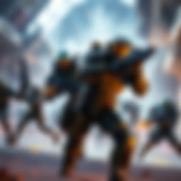A battle scene featuring Halo characters and Overwatch heroes in an action-packed setting
