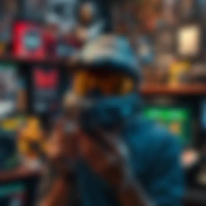 A passionate gamer holding a Halo Reach helmet with a hopeful expression in a room filled with gaming memorabilia.