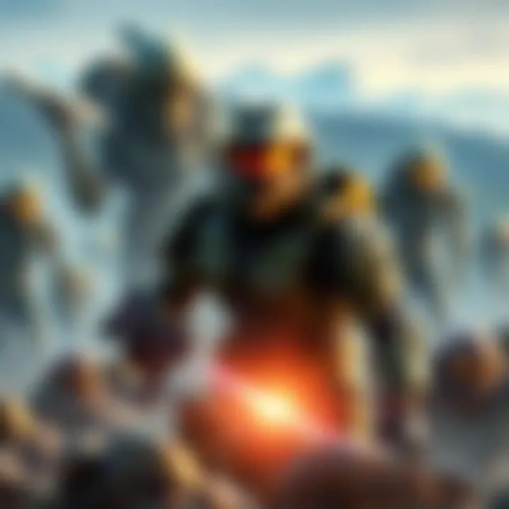 Concept art showing a futuristic battlefield with a Spartan soldier and Covenant aliens in the background, highlighting the game's potential for an open-world experience