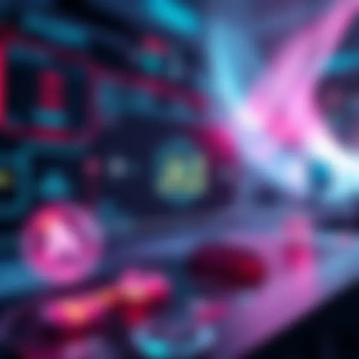 An illustration showing a digital interface with gaming elements and AI symbols, representing Halo Studios' adoption of artificial intelligence in gaming.
