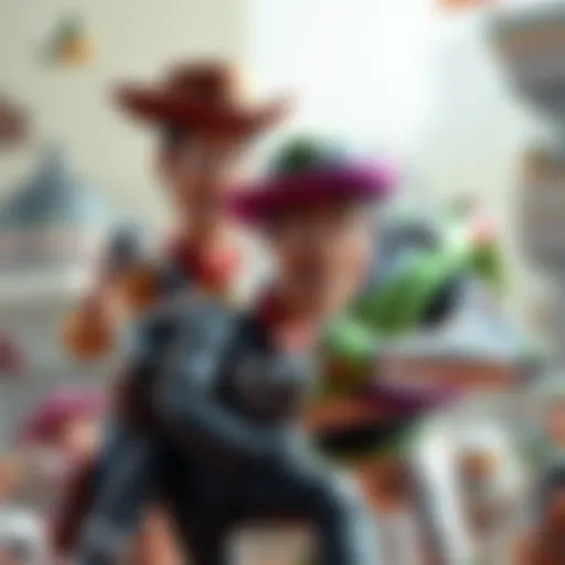 Halo characters interacting with Woody and Buzz Lightyear in a playful scene