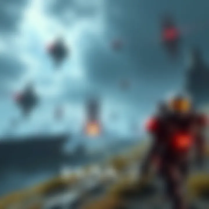 A scene showing a futuristic landscape with a character in armor battling through a challenging environment filled with floating structures and dark skies, representing the endless challenges in the H...