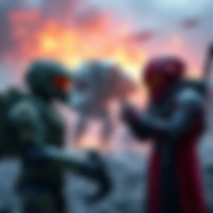 A representation of a human soldier from Halo negotiating with an alien leader from Warhammer 40K, set against a futuristic battlefield backdrop.
