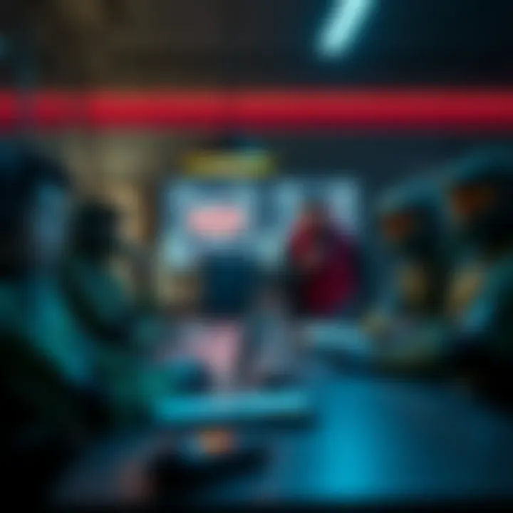 Tensions at Halo Studios A group of game developers at Halo Studios looking concerned in a meeting room, reflecting rising tensions before layoffs.