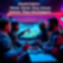 A group of gamers discussing Halo game concepts, with one holding a controller and others pointing at a screen showing Halo gameplay.