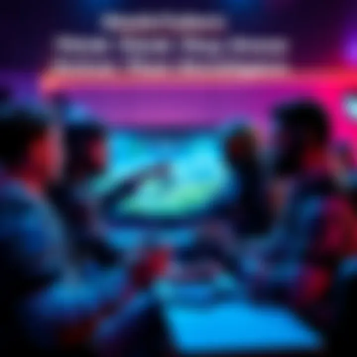 HaloTubers debating game ideas A group of gamers discussing Halo game concepts, with one holding a controller and others pointing at a screen showing Halo gameplay.