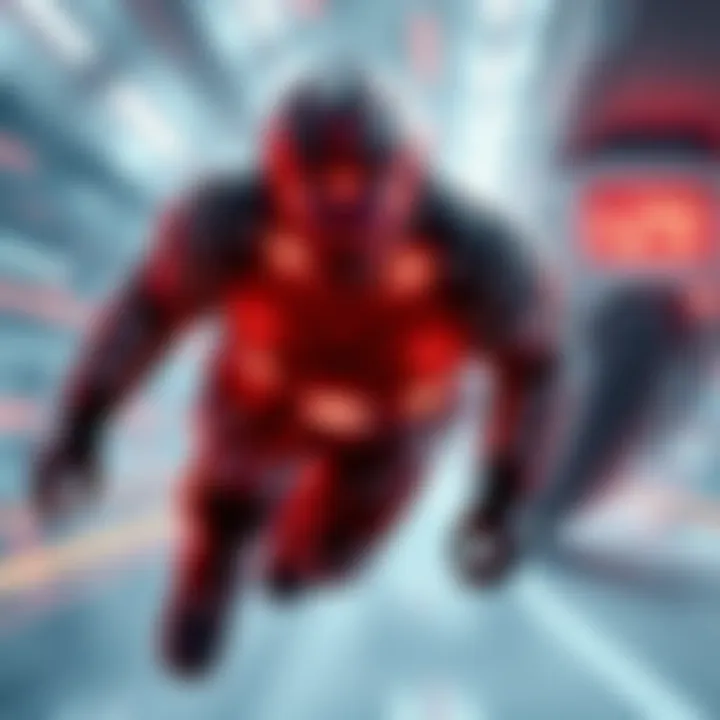 Hal wearing a futuristic suit, racing against time and facing various obstacles in pursuit of ultimate acceleration.