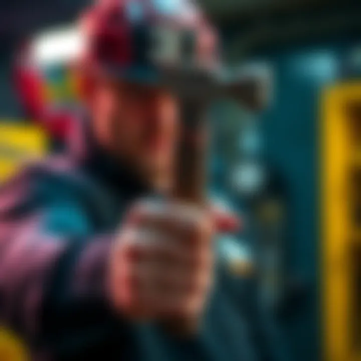 A person showcasing the hammer grip technique while holding a tool, focusing on hand position and grip strength.