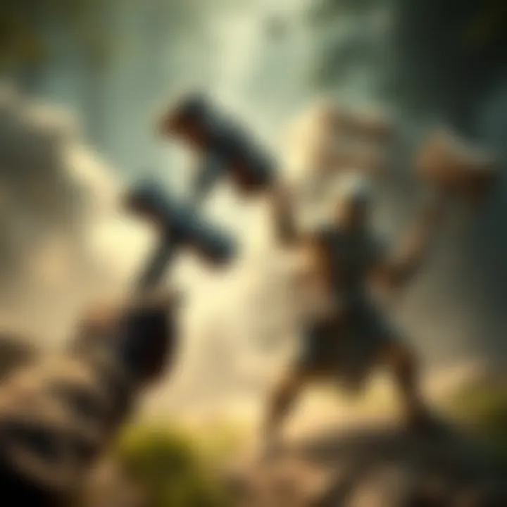 A character holding a hammer, preparing to strike a Raider in a gaming scene