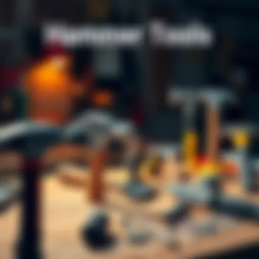 A close-up view of various hammer tools on a workbench, showcasing their design and functionality for DIY projects.