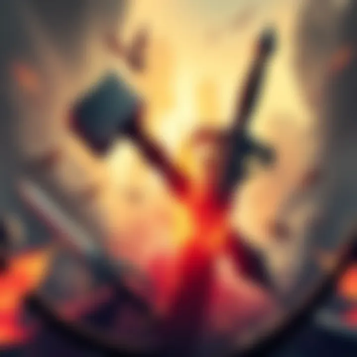 A dynamic illustration showcasing a hammer and great sword in an intense battle scene