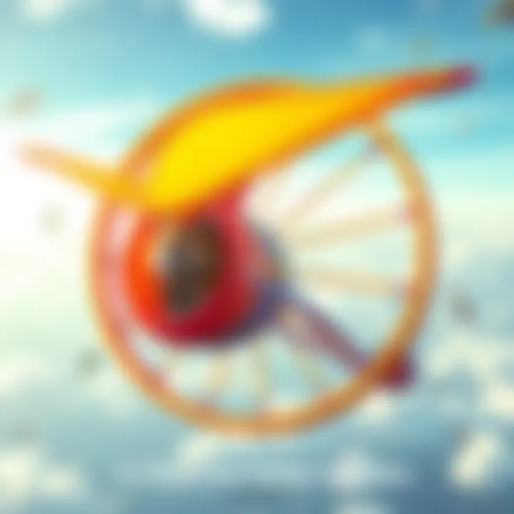 A colorful, playful design of a hamster wheel turned into a glider with a hamster in it, soaring through the sky.