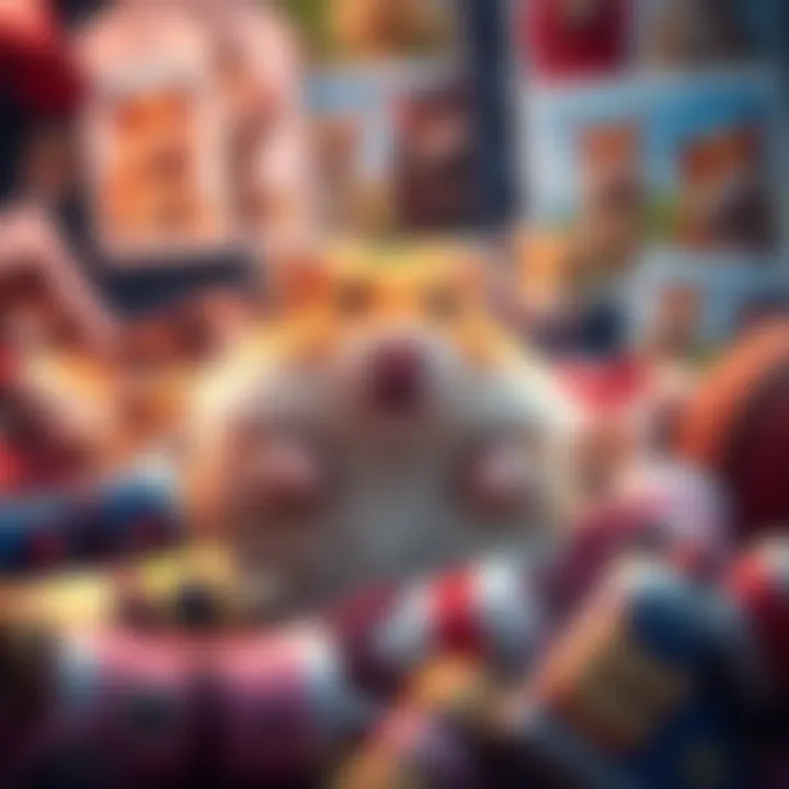 A cute hamster playing with colorful merchandise and surrounded by photos of other hamsters.