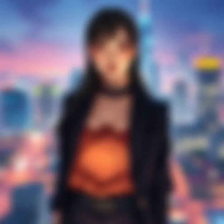 Hanako Arasaka Portrait Hanako Arasaka, a striking woman from Night City, stands confidently with a cityscape in the background, showcasing her beauty and style.