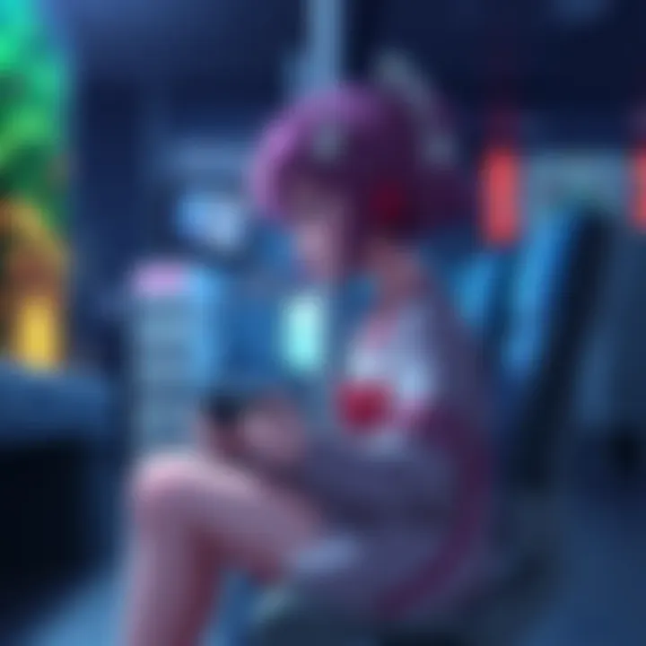 A character named Hanako sits calmly, looking around as she waits in a gaming scenario, with a game controller in her hand.