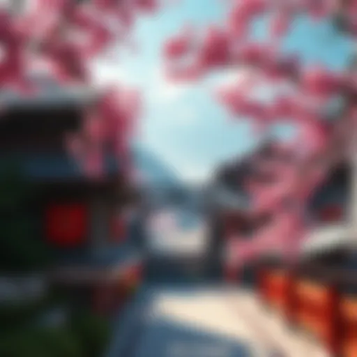 A scenic view of the Hanamura map from Overwatch, showcasing traditional Japanese architecture and cherry blossom trees.