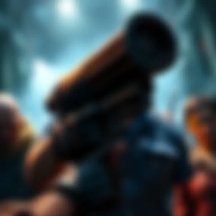 A close-up of the Hand Cannon from Resident Evil 4, surrounded by characters like Wesker and Krauser, showcasing the game atmosphere.