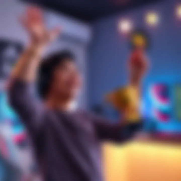 A person celebrating after achieving the Hand-Eye Coordination milestone, holding a trophy, with a joyful expression and a gaming setup in the background.