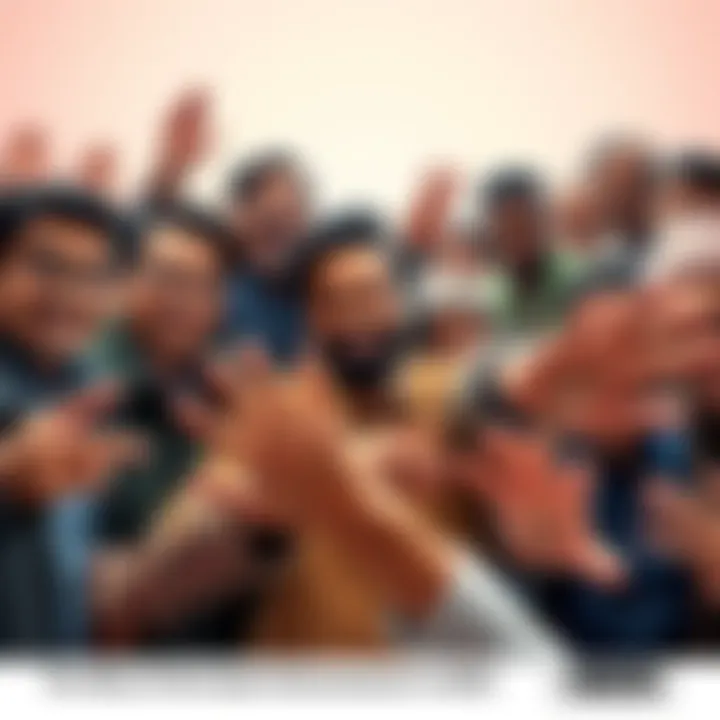 A group of diverse individuals communicating with expressive hand gestures, showcasing various cultures and styles.