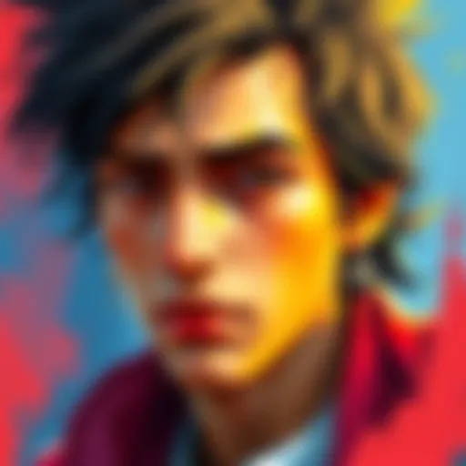 Vibrant hand-painted art piece featuring a character named Leon, showcasing bright colors and detailed brushwork.