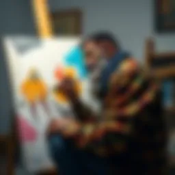 An artist painting a colorful Ranni figure on a canvas, showcasing detailed craftsmanship and creativity.