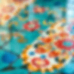 A close-up of a colorful hand-painted tile panel set on a glass floor, showcasing intricate designs and vibrant colors.