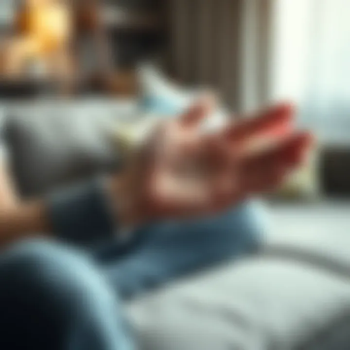A person gently stretching their injured hand while sitting on a couch, showing determination during recovery.