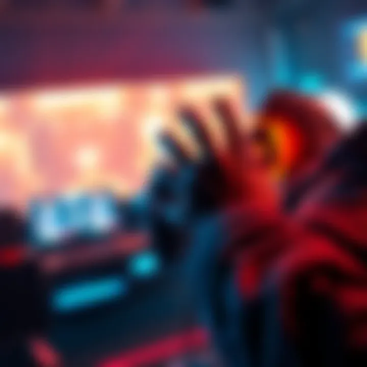 A gamer focused on the screen, showcasing hand-targeting abilities in an action scene of a video game.