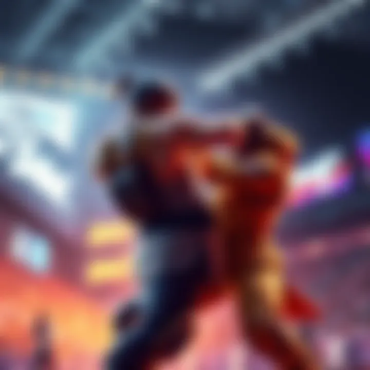 Two characters engaged in an intense hand-to-hand combat battle in a virtual arena