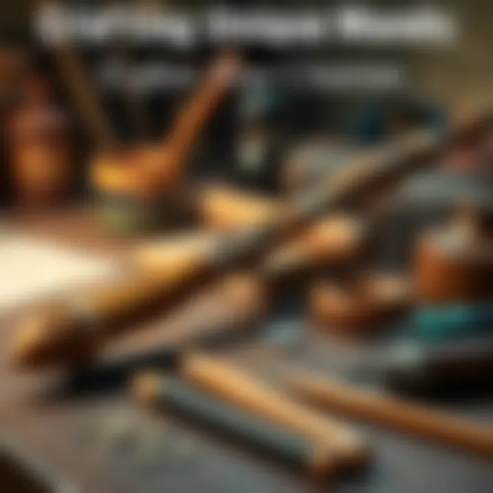 A beautifully crafted wooden wand with intricate details and a shiny finish, resting on a table surrounded by crafting tools and materials.