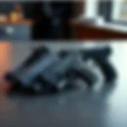 Three handguns lined up on a table with a running shoe beside them, showcasing different styles and designs.