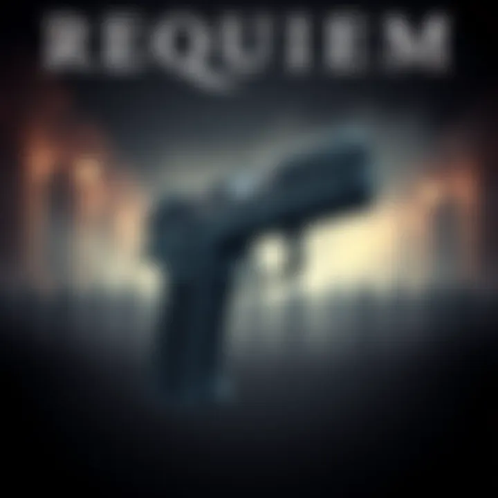 A powerful handgun with a somber backdrop, representing the lives lost in the game's storyline, emphasizing the deeper meaning of the title 'Requiem'.