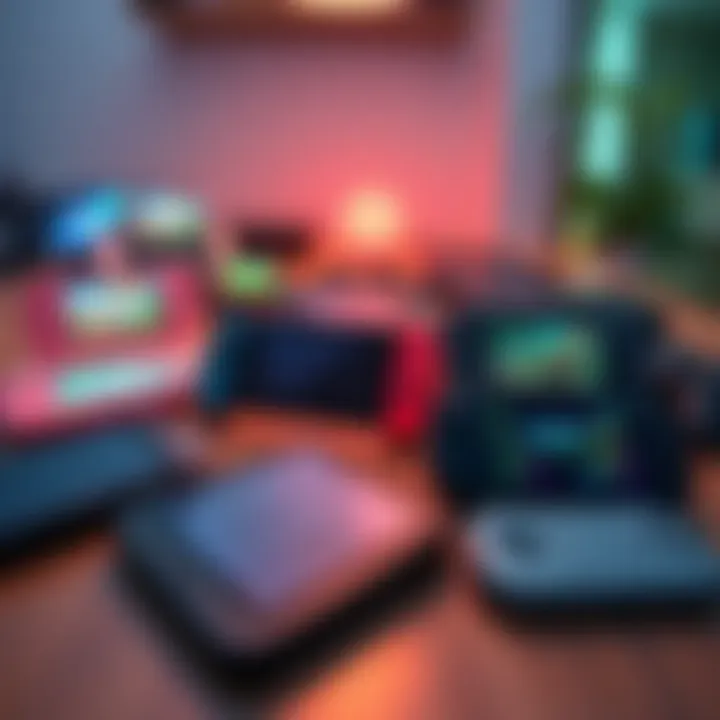 Various handheld gaming consoles displayed on a table with games like The Sims and Endzone 2 visible
