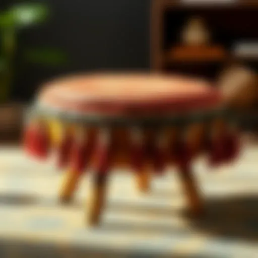 A close-up of a handmade moon footstool featuring intricate tassels and a painted tea stain, showcasing its unique craftsmanship.