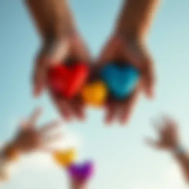 Diverse hands holding colorful hearts to symbolize unity and kindness