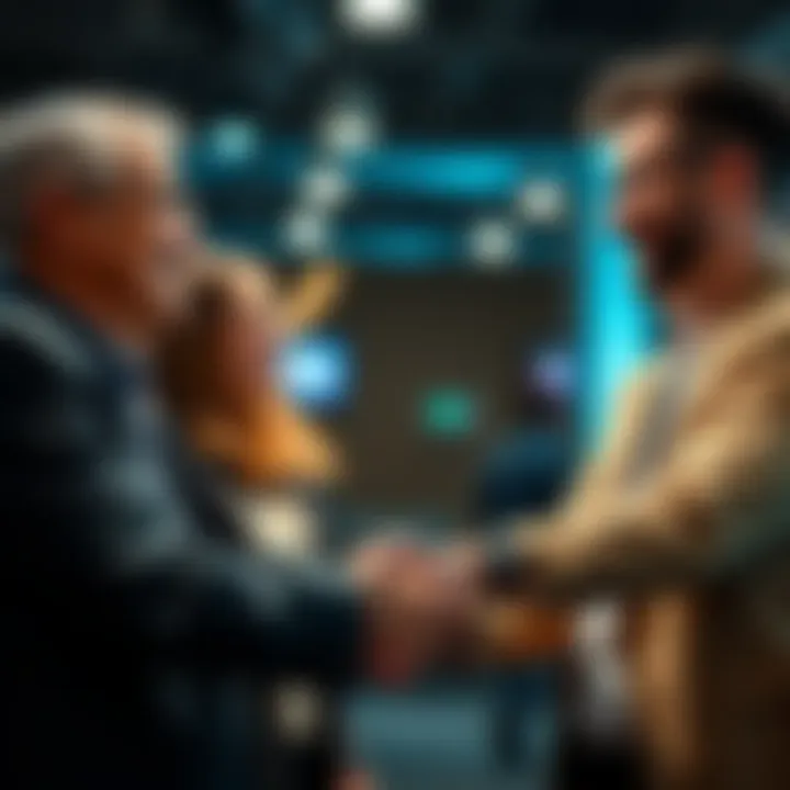 Handshakes and Smiles Two people smiling and shaking hands in a friendly meeting, showing appreciation and positive interaction.