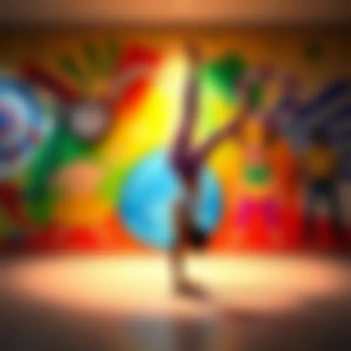 An individual performing a handstand against a bright and colorful wall with handstand-themed art