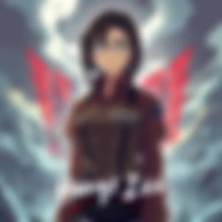 Hange Zoë stands confidently, wearing their Survey Corps uniform and glasses, surrounded by key elements from Attack on Titan