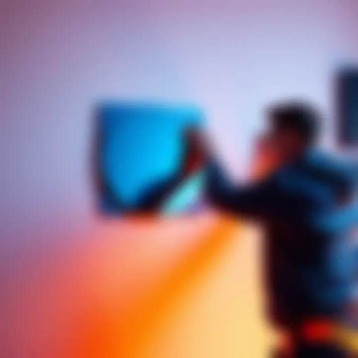 A person hanging a Displate on a wall Individual installing a Displate on a drywall with tools